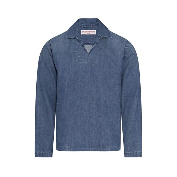 Orlebar Brown Oglio Washed Indigo Blue Denim Popover Shirt Relaxed Jacket L NEW